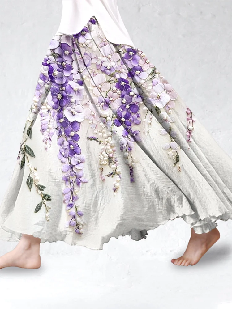 Romantic Purple Floral Embroidered Linen Blend Skirt