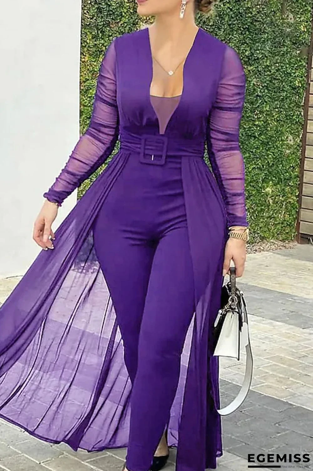 Purple Sexy Casual Solid Patchwork Asymmetrical V Neck Regular Jumpsuits | EGEMISS