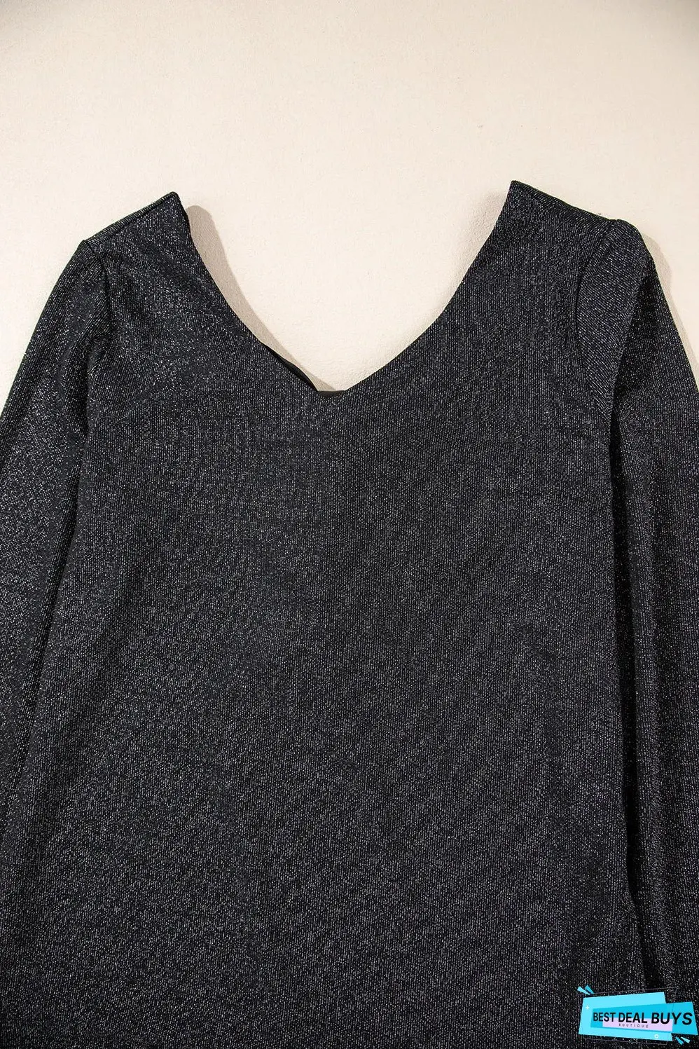 Black Metallic Bowknot Open Back V Neck Top
