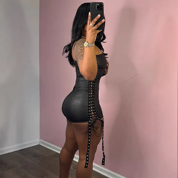 Women Clothing Dress Diagonal Collar Ribbon Hollow Out Cutout out Strap Single Side Long Sleeve Pullover Hip for Women 