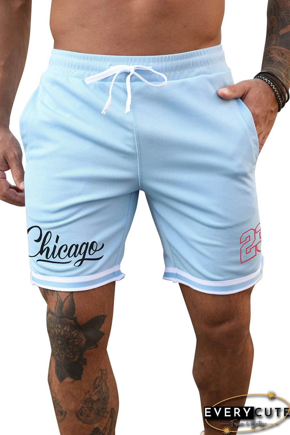 Sky Blue Men's Chicago Letter Print High Waist Casual Shorts