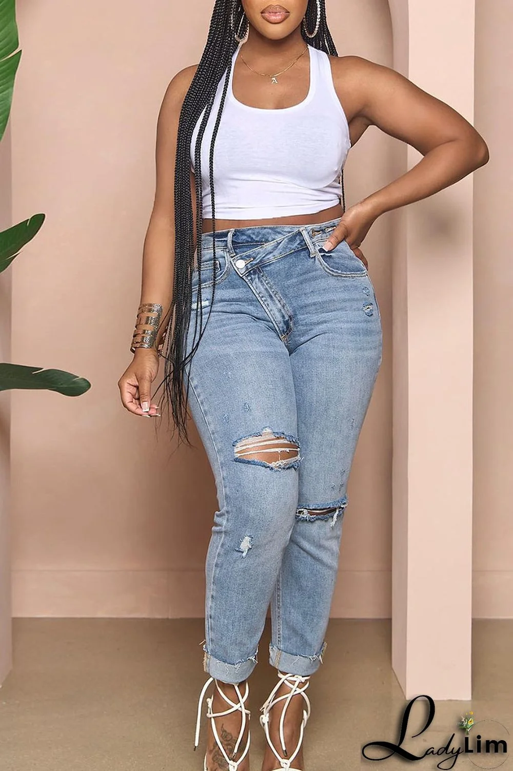 Light Blue Street Solid Ripped Patchwork High Waist Denim Jeans