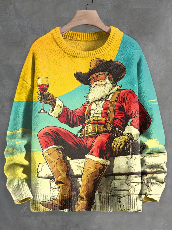 Men's Cowboy Santa Claus Drinking Red Wine Art Print Knit Sweatshirt