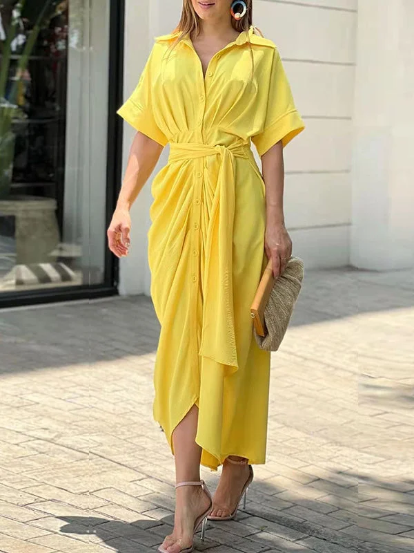 Style & Comfort for Mature Women Women's Short Sleeve Shirt Collar Solid Color Midi Dress