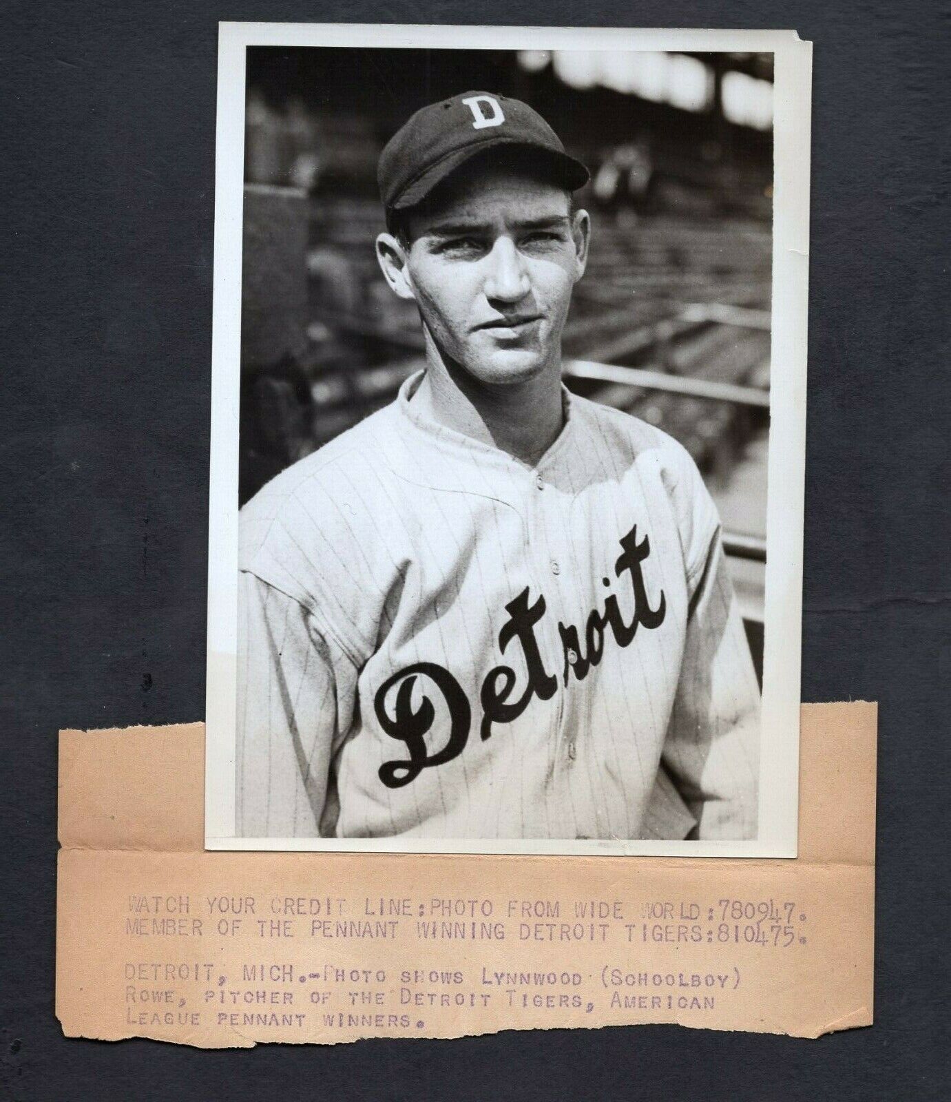 Schoolboy Rowe c. 1934 World Series Type 1 Press Photo Poster painting Detroit Tigers