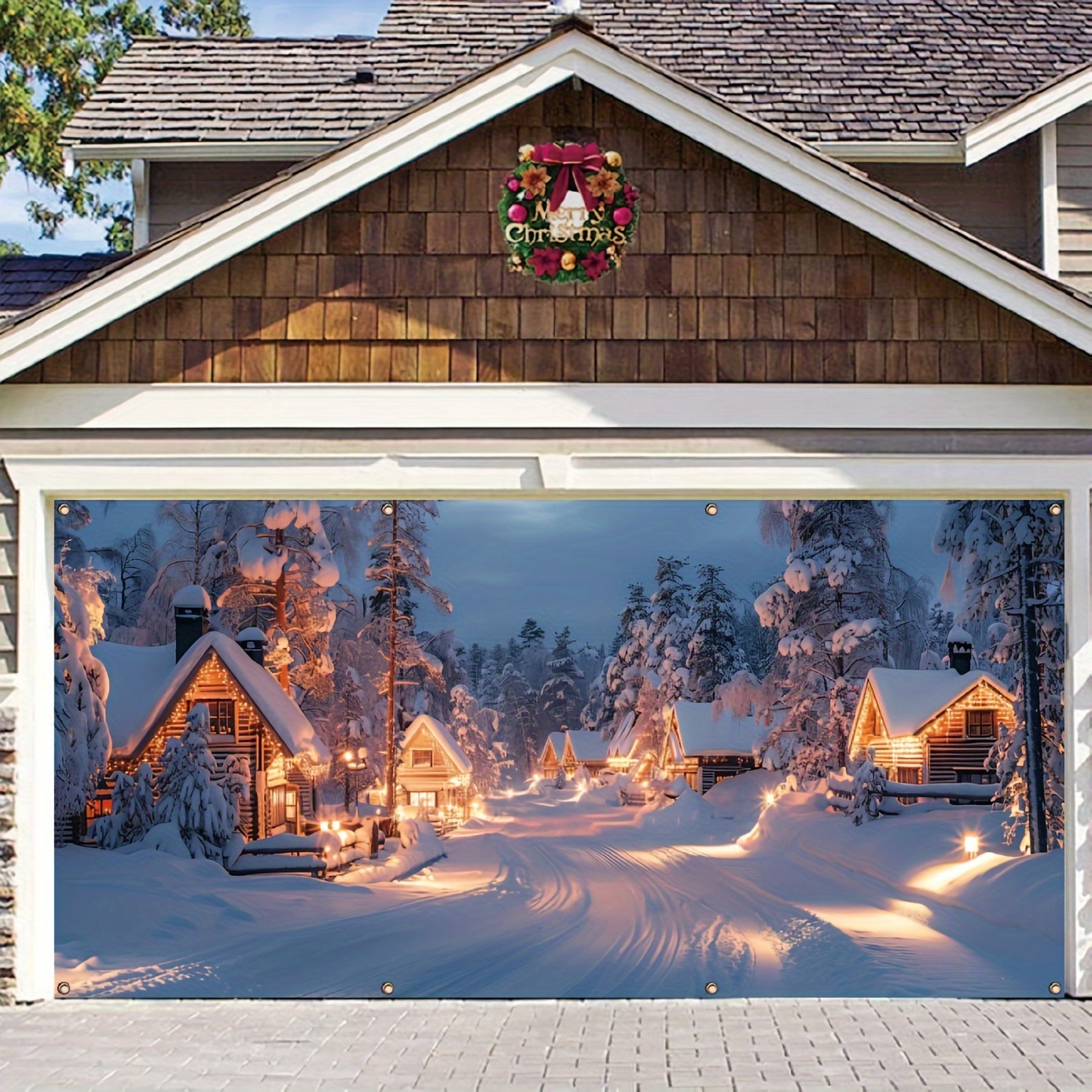 Tegooe Durable Outdoor Christmas Garage Door Banner Snow Village Log Cabin Scene Holiday Decor Multi-Size