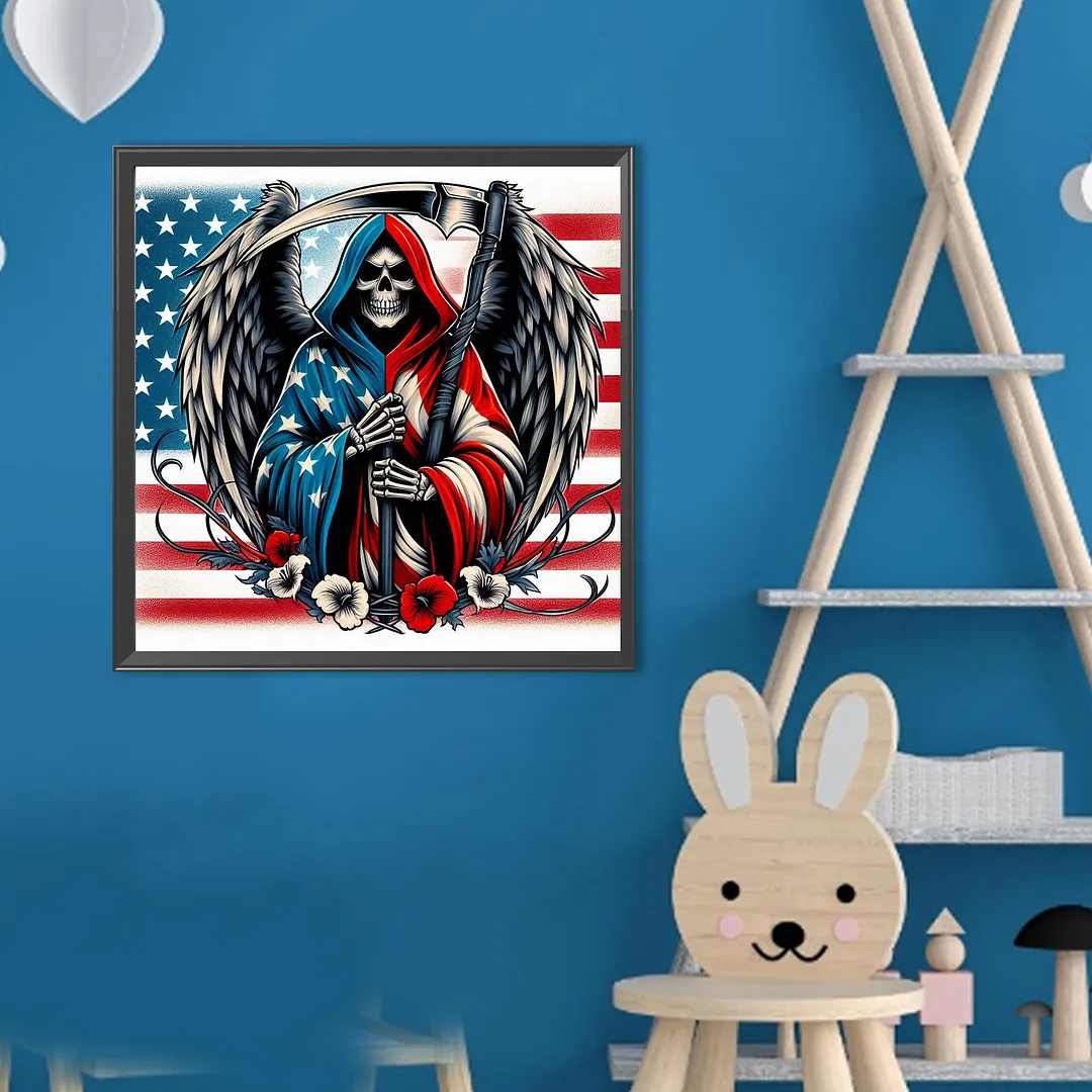 Independence Day Skull Full DIY 5D Round Drill Gem Art Diamond Painting Kits for Adults Beginner Home Wall Decoration Gift Crystal Art Paint by Diamond 40x40cm