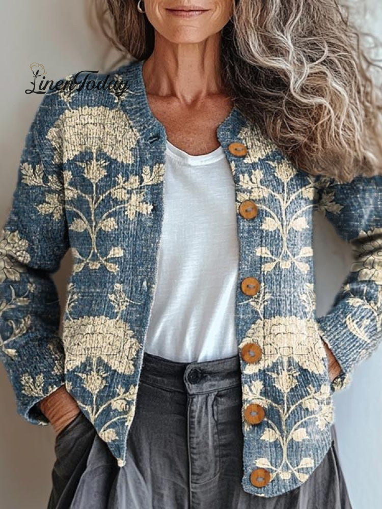 Women&rsquo;s Vintage Lovely Floral Art Print Buttoned Cardigan Sweater Multicolor / S