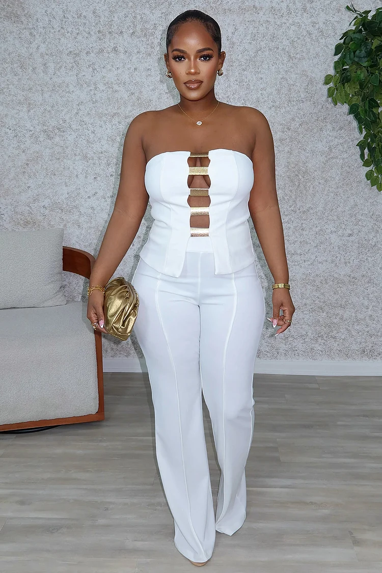 Tied Up Corset Tube Top Straight Leg Pants Daily 2pcs Set-White
