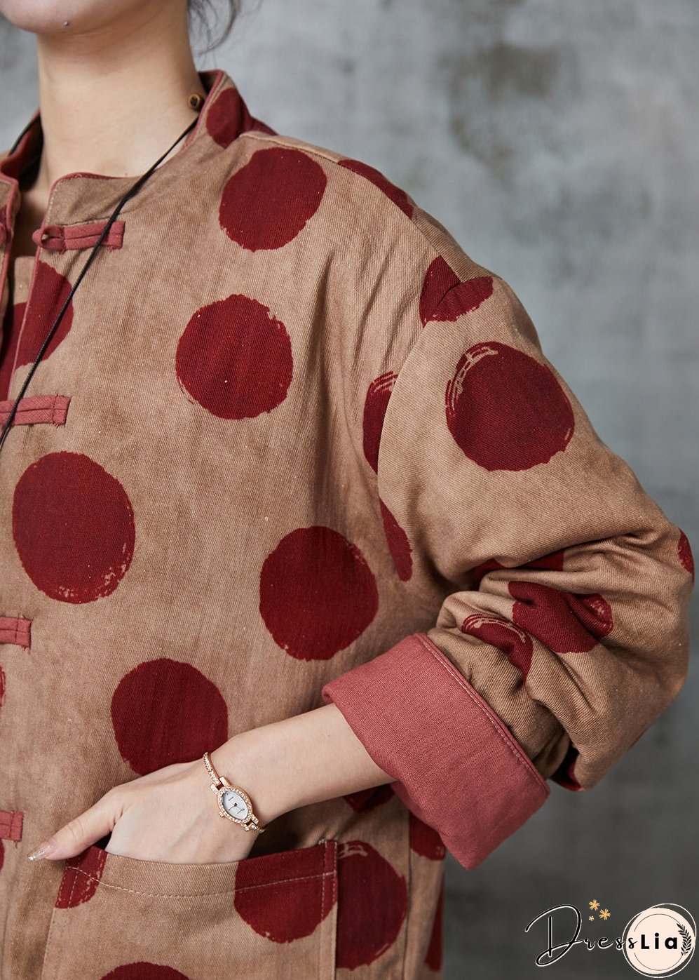 Women Orange Print Chinese Button Fine Cotton Filled Coat Winter