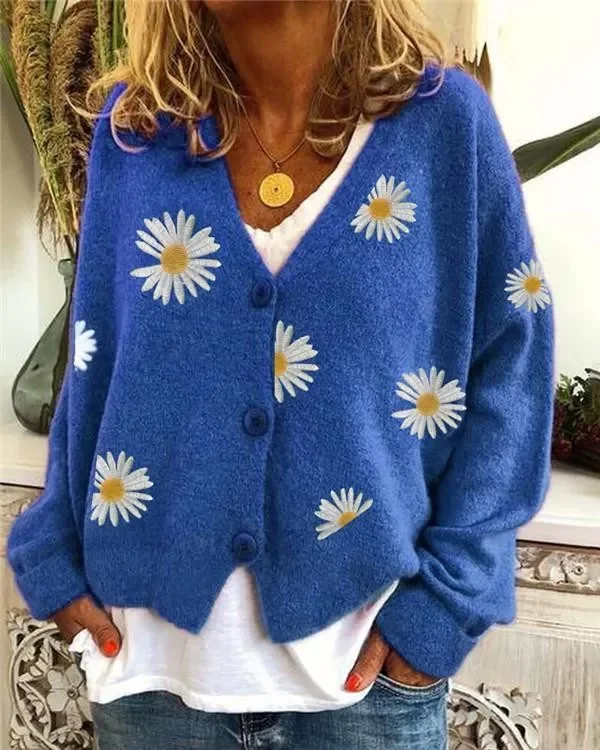 Knit Sweater Chrysanthemum Embroidered Cardigan