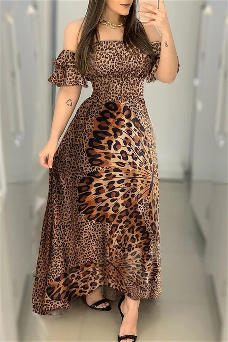Leopard Fashion Sexy Off The Shoulder Short Sleeve Strapless Printed Dress Floor Length Leopard Dresses | EGEMISS