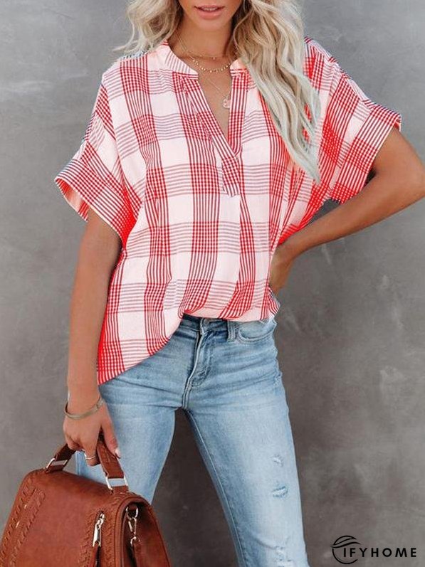 Women's Blouses V-Neck Plaid Short Sleeve Blouse | IFYHOME