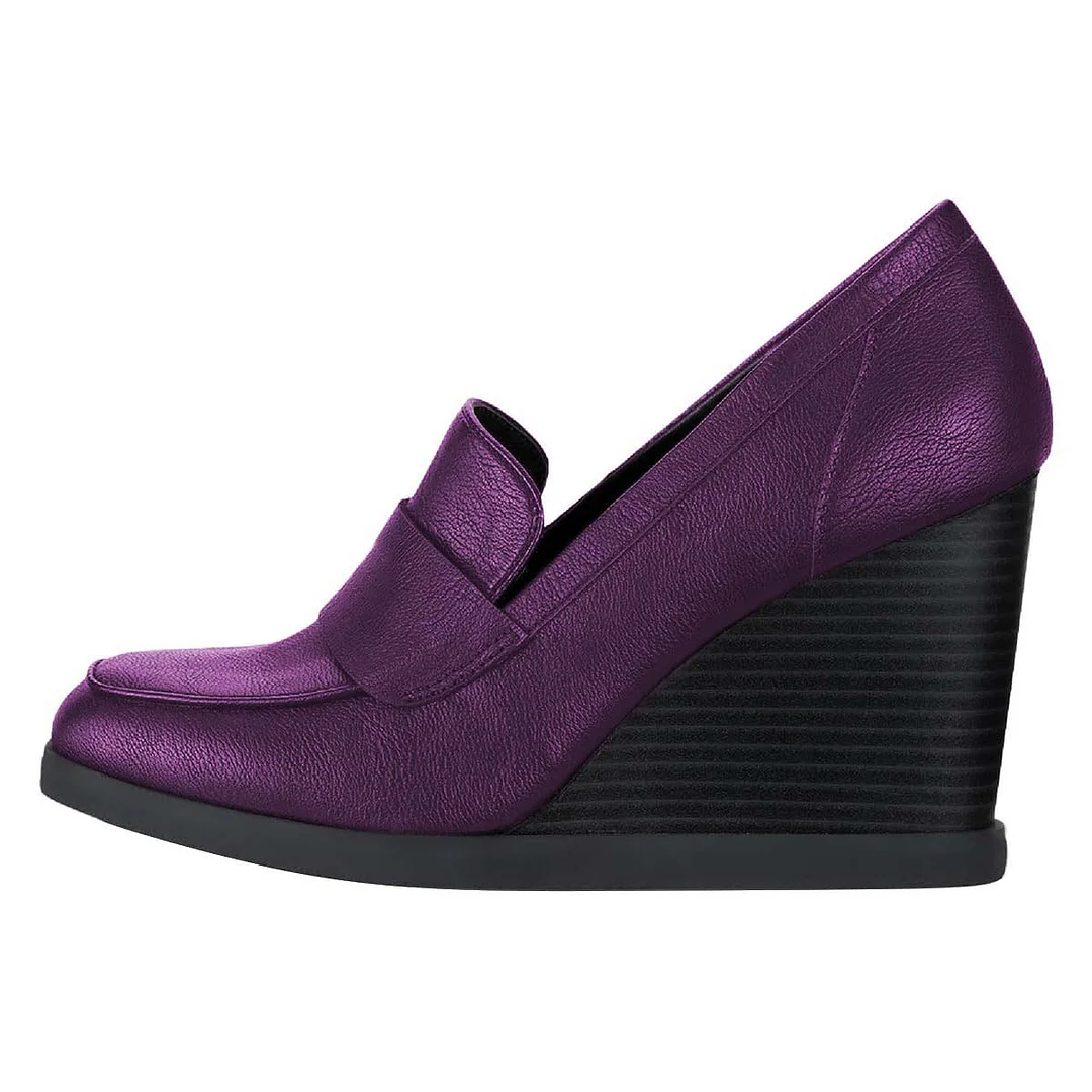 Metallic Dark Purple Round Toe Platform Heel Women's Loafers
