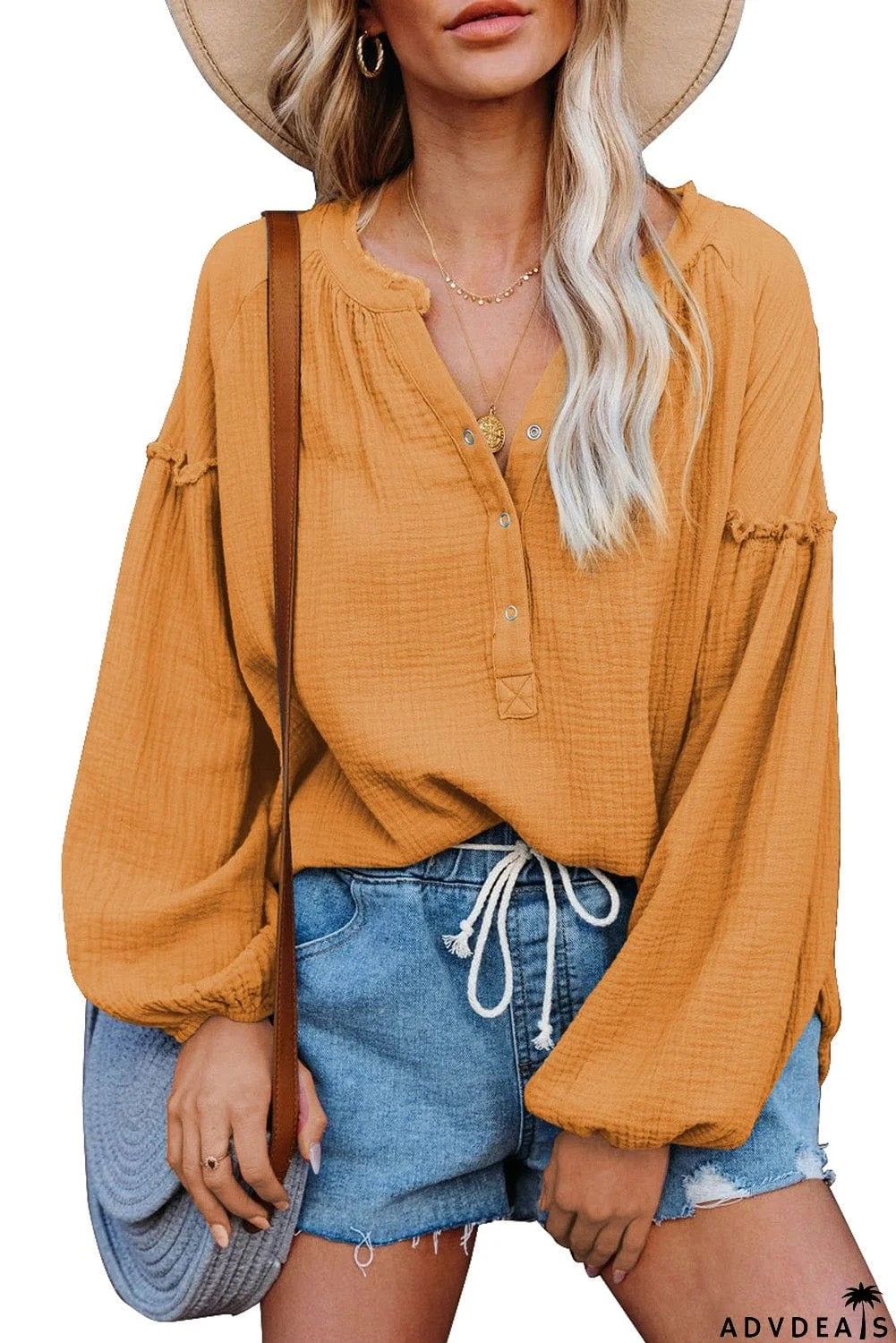 Casual Balloon Sleeve Crinkled Top