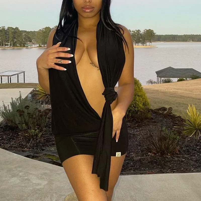 BIIKPIIK Solid Casual Cut Outs Halter Backless Short Dress Women Bandage Knot Sleeveless Beach Holiday Clothing Baggy Sexy Dress