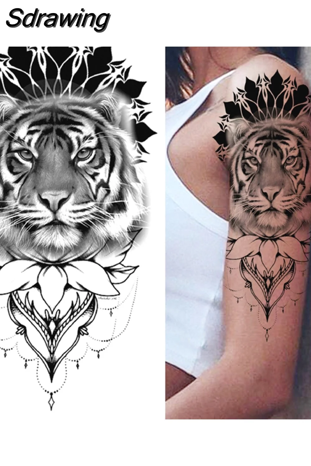 Sdrawing Tiger Temporary Tattoos For Men Women Kids Lion Skull Cross Tattoo Sticker Black Compass Skeleton Tatoos Leg Thigh 1103 715-0