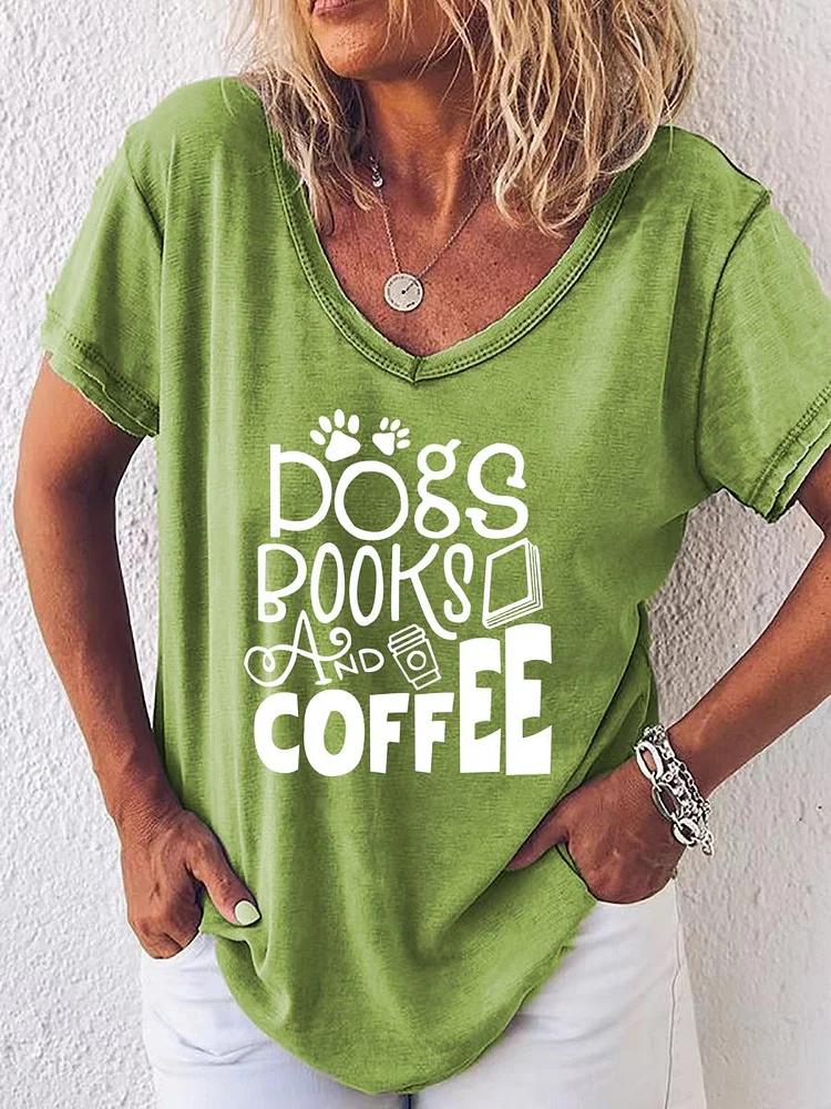 Dogs Books Coffee V Neck T-shirt-03198
