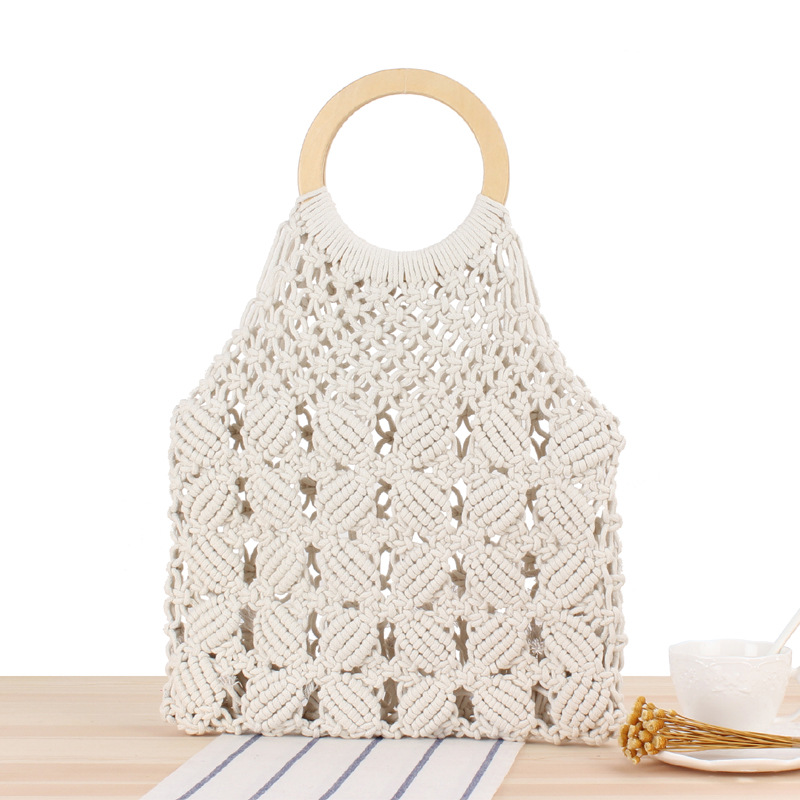 New Pure Color Hand-Made Woven Bag On Behalf Of The Tide Female Forest Straw Woven Bag Handmade Cotton Rope Beach Leisure Bag