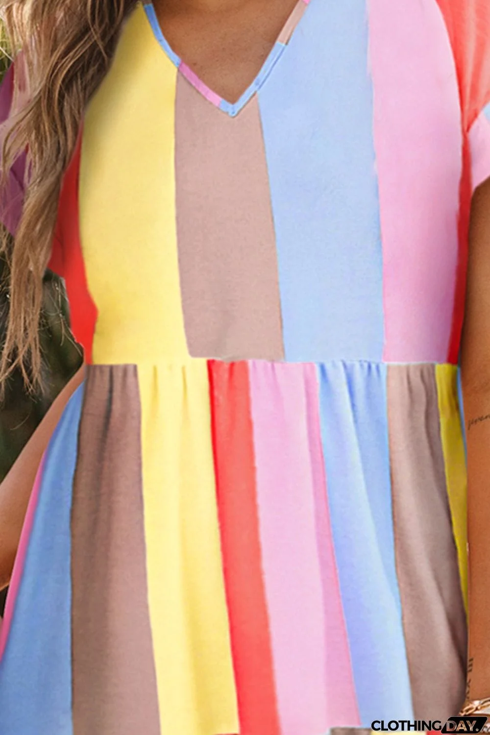 Striped V-Neck Short Sleeve Dress