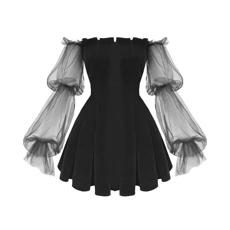 Black Velvet Off-shoulder Mesh Sleeved High Waist Pleated Dress