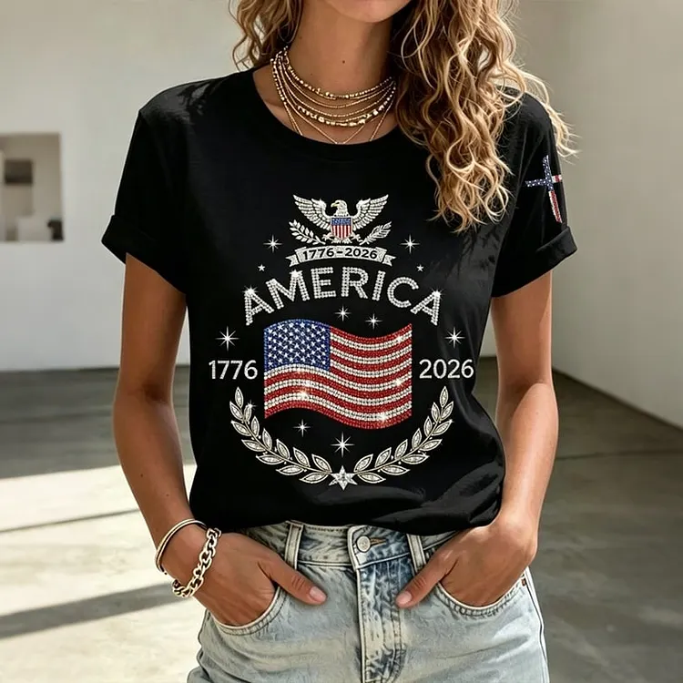 Women's Anniversary Flag Hot Diamond Print Casual T-shirt