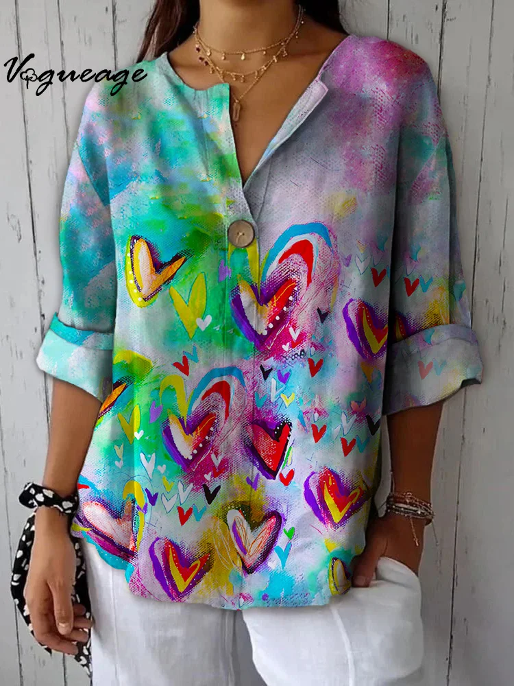 Simple Watercolor Painting Love Heart Printed Cotton And Linen Shirt