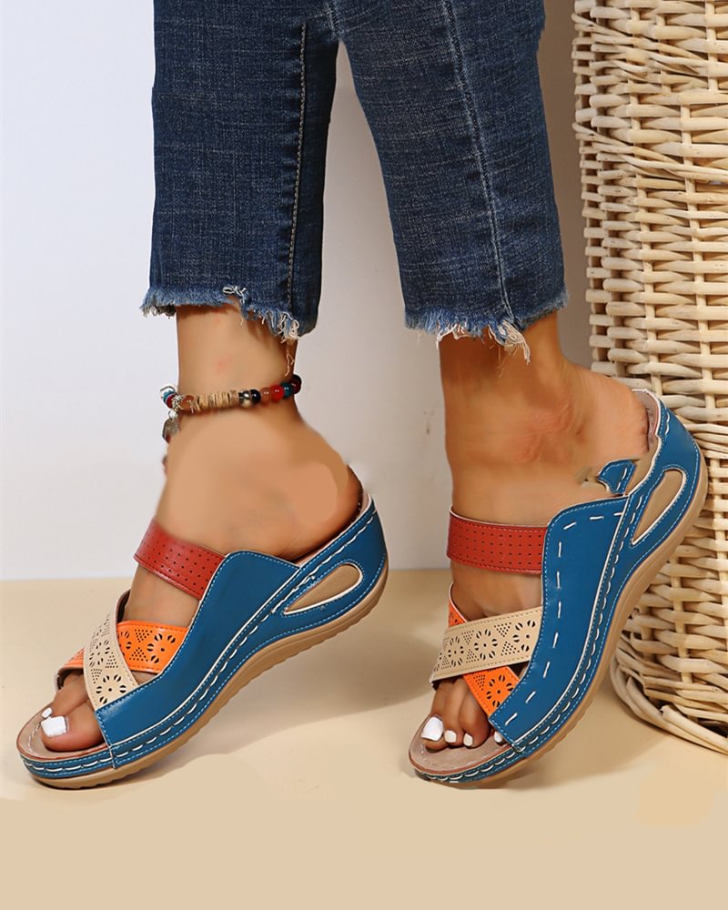 Wedge Contrasting Color Stitching Hand-Stitched Oversized Fish Mouth Sandals