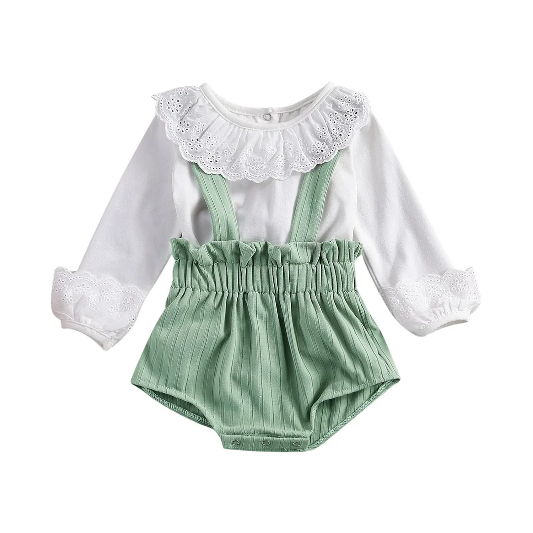 Baby Long Sleeve Lace Shirt + Shorts with Suspenders, Elastic Waist Lotus Leaf Decoration Cute Style Spring Clothing 2Pcs Set