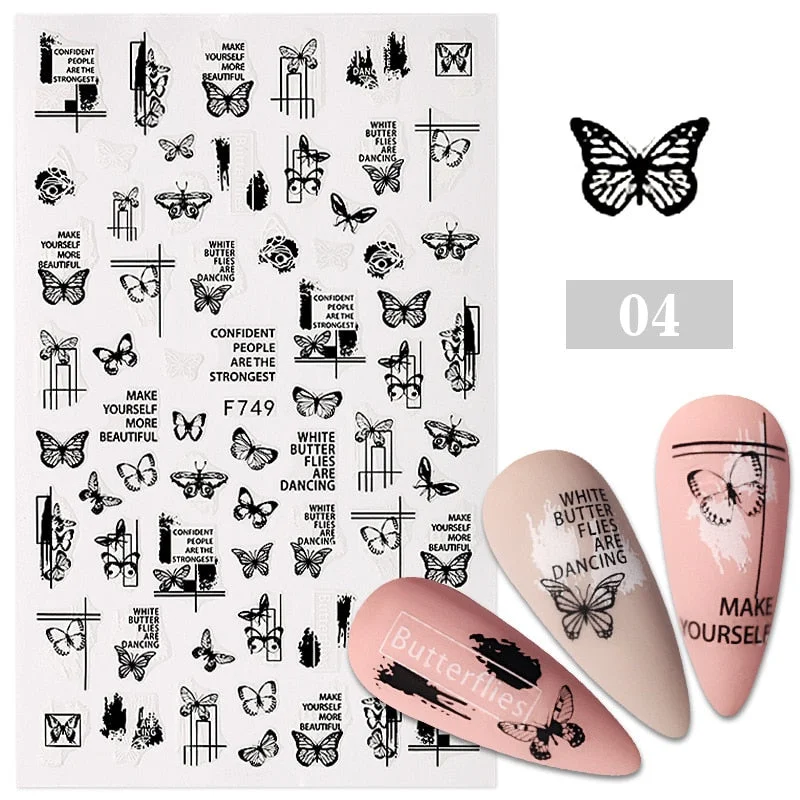 Black White Gold Butterfly 3D Nails Sticker Geometry Decals Flower DIY Decals Designs For Nail Art Manicures Decorations Salon