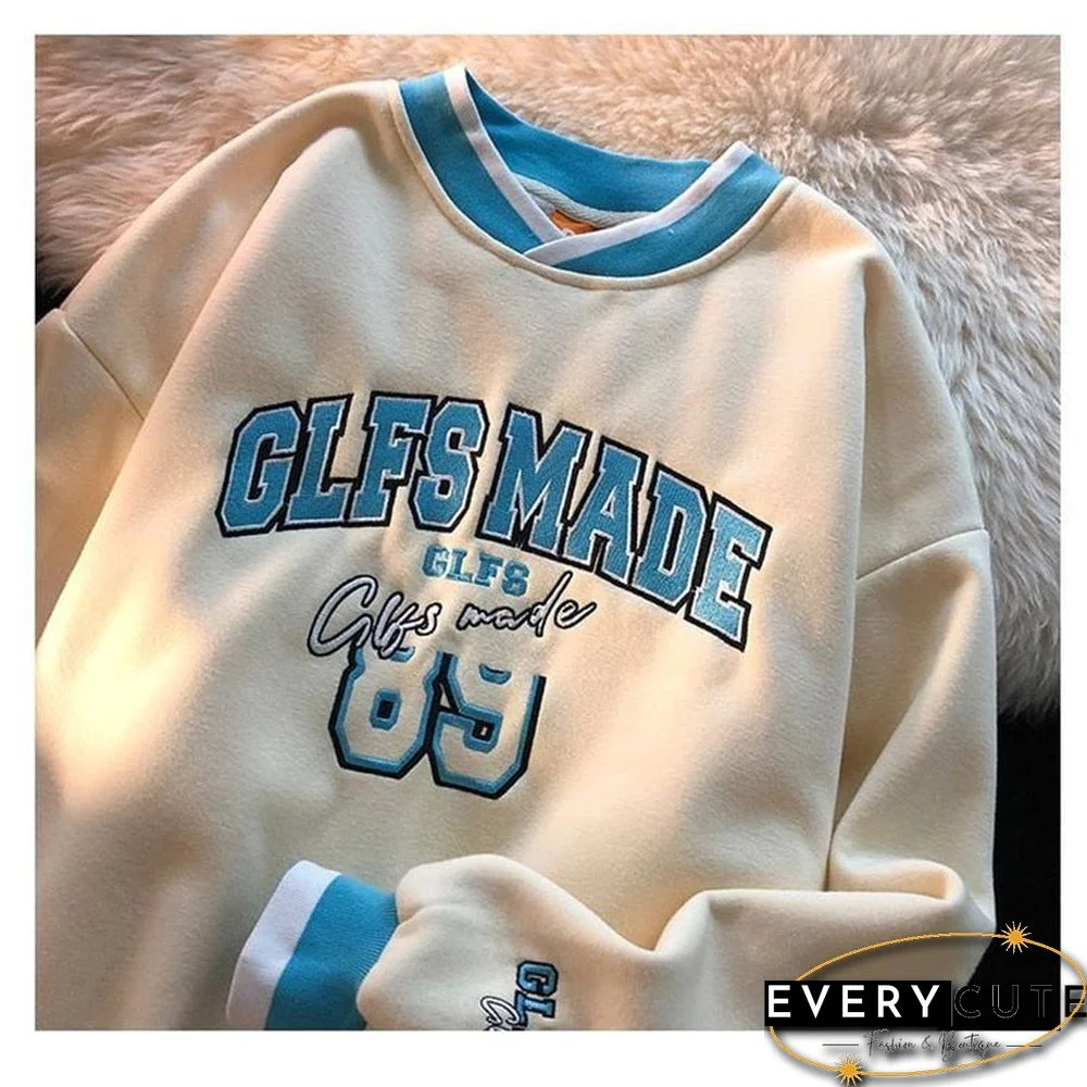 European and American Hip-hop Streetwear Retro Letter Embroidery V-Neck Sweatshirts Women Warm Plus Velvet Long Sleeve Pullovers