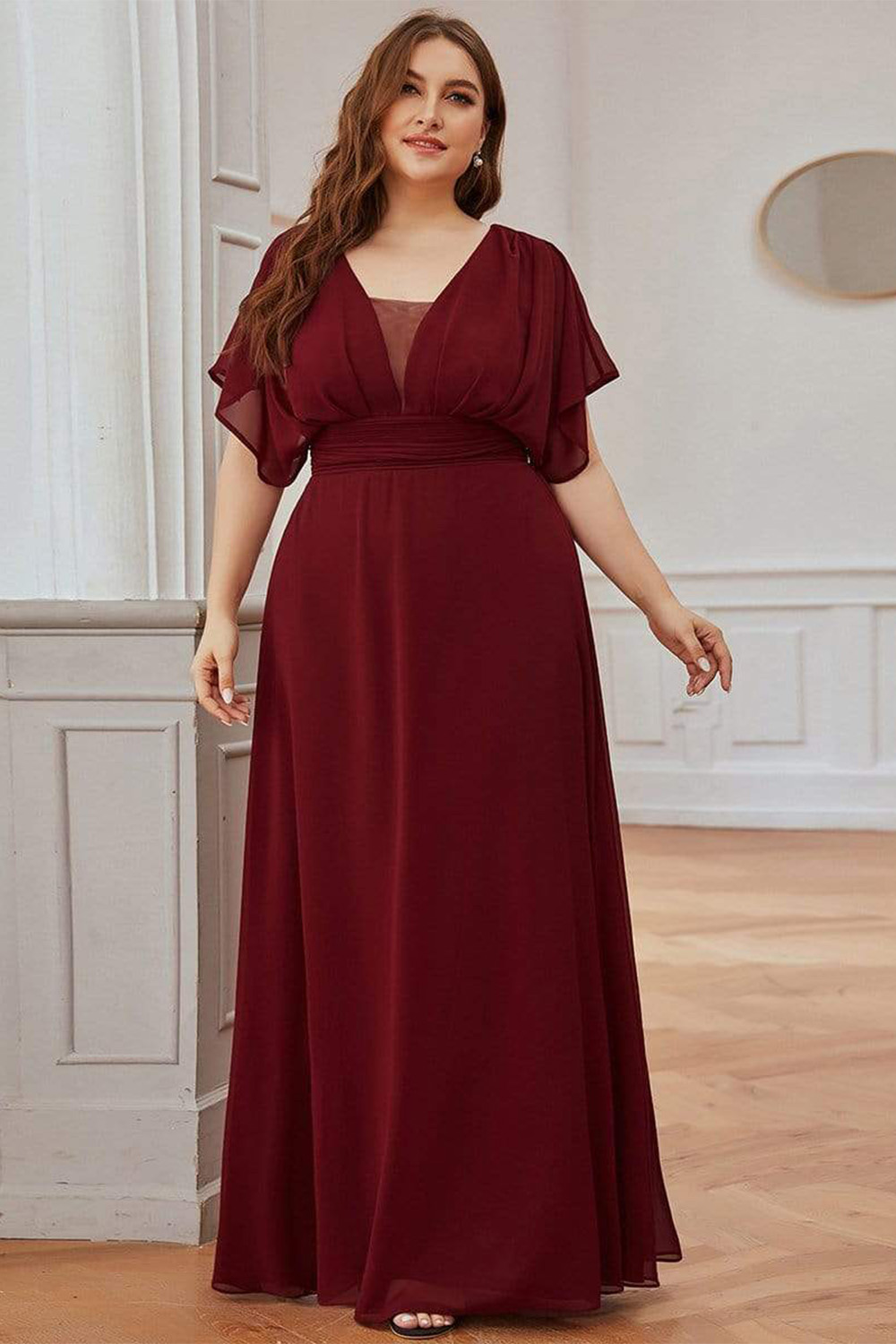 Plus Size Formal Black Chiffon Ruffle Sleeve Empire Waist Maxi Dress 2024 - Flycurvy 