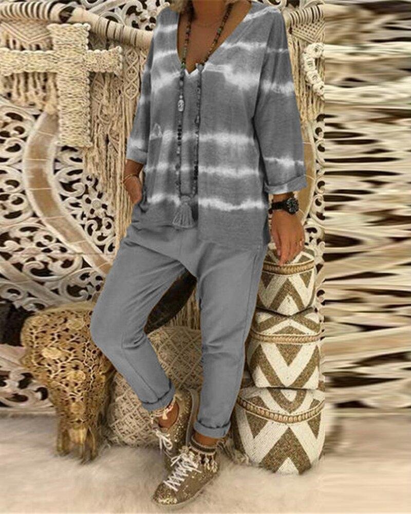 Simple Casual Loose Long Sleeved V Neck Tie-dye Top Pants Suit