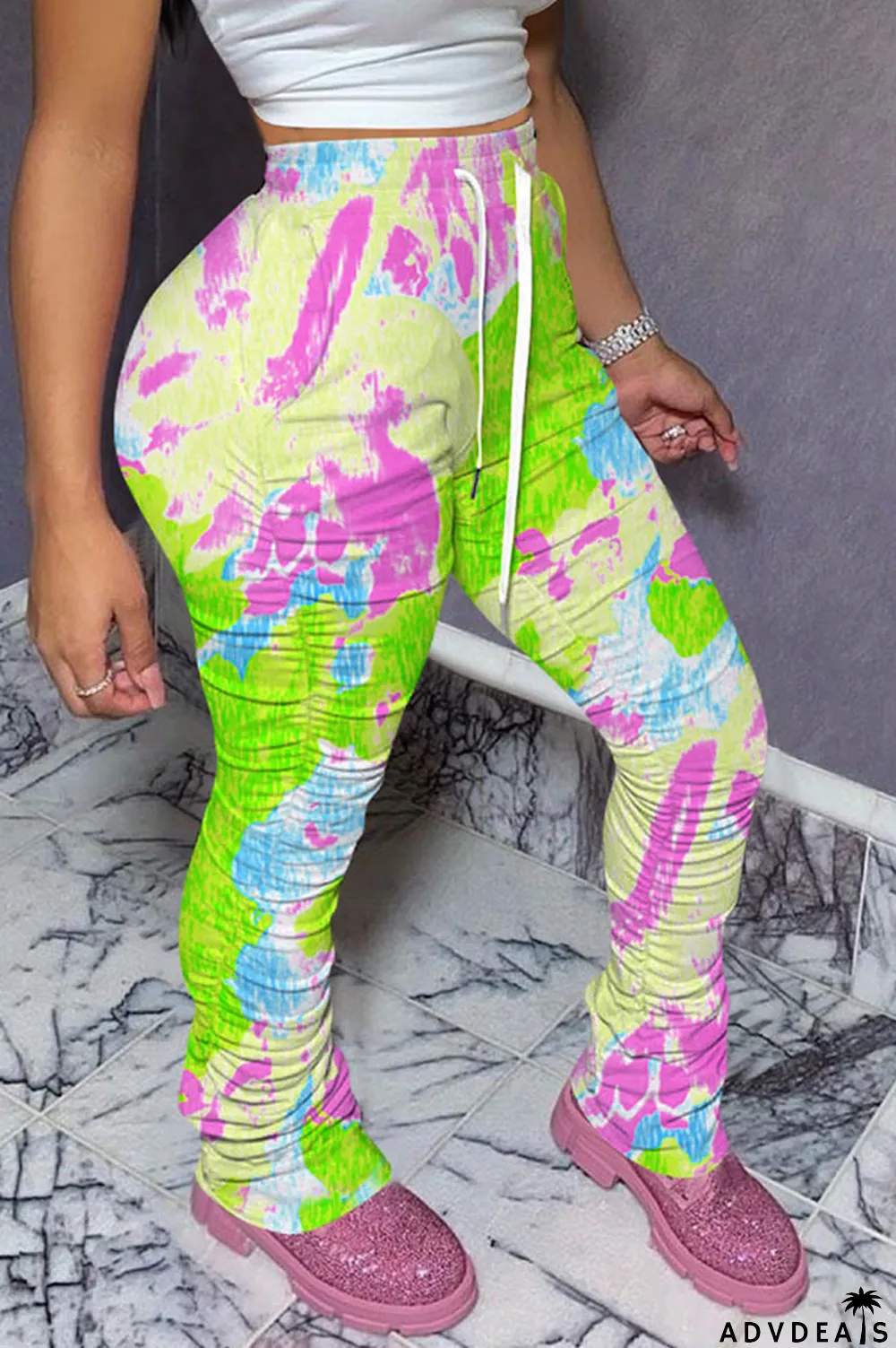 Green colour Polyester Drawstring Sleeveless High Patchwork Print bandage Draped pencil Pants Bottoms