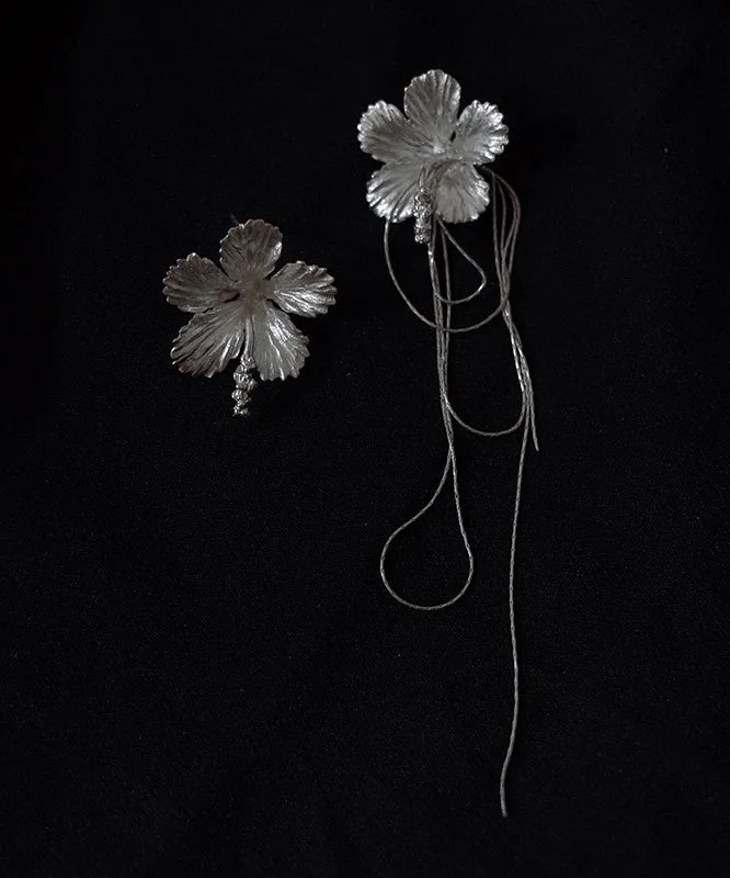 Novelty Silk Sterling Silver Floral Chain Tassel Asymmetry Drop Earrings