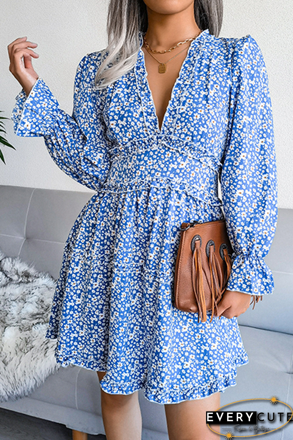 Casual Elegant Floral Split Joint Stringy Selvedge V Neck Waist Skirt Dresses