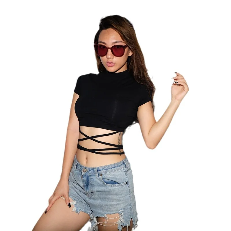 Churchf Churchf New Bottom Shirt Solid Color Sexy Hot Girl Tie Short-Sleeved T-Shirt Women's Clothing