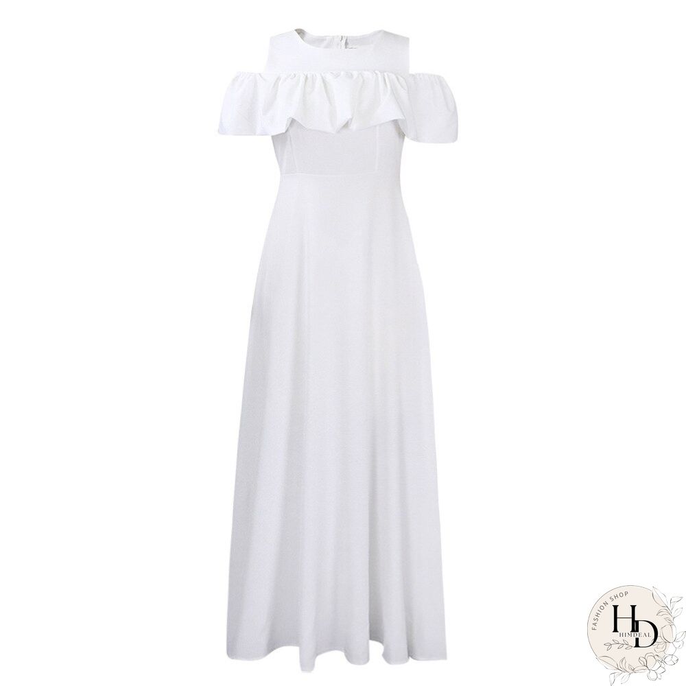 Summer New Round Neck Boho Dress Women Off-shoulder Temperament Short-sleeved Pleated Waist Long Dress