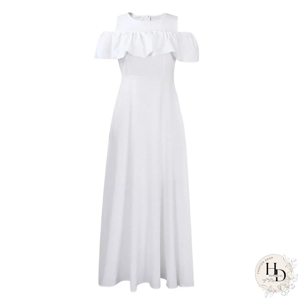 Summer New Round Neck Boho Dress Women Off-shoulder Temperament Short-sleeved Pleated Waist Long Dress