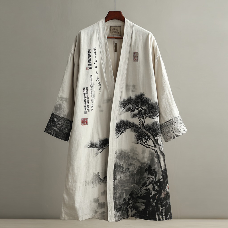 Men's Retro Landscape Painting Art Linen Long Kimono  artssus