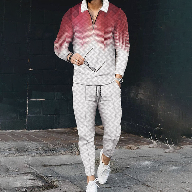 Fashion Gradient Color Polo Shirt And Pants Two Piece Set
