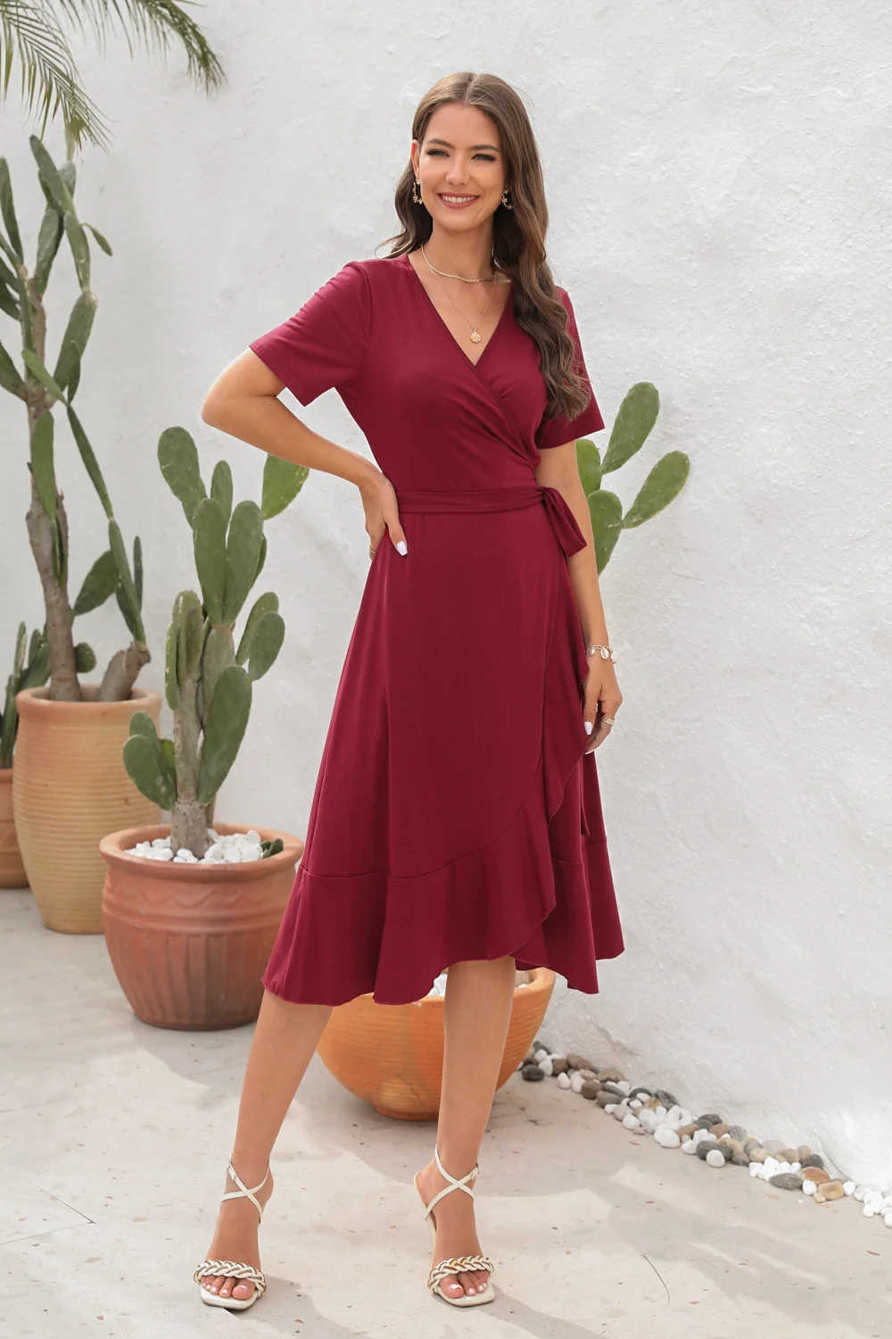 Belt Slim Round Neck Short Sleeve Long Skirt