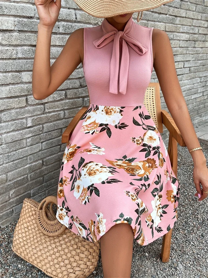 Printed Skirt Bow Tie Dress