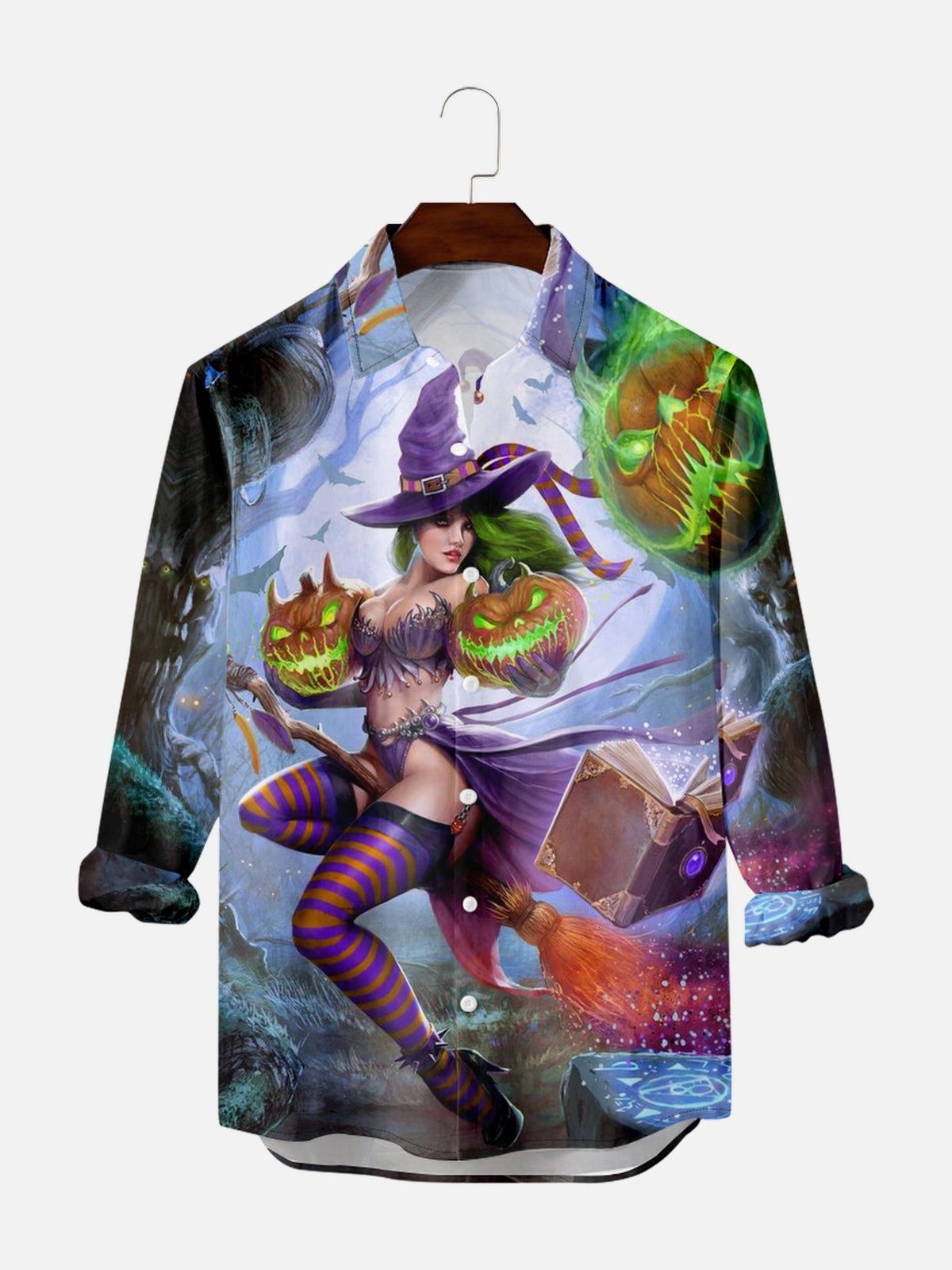 Men's Halloween Magic Witch Pattern Long Sleeve Shirt PLUSCLOTHESMAN