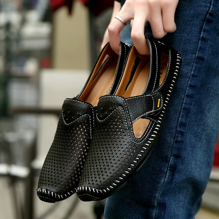 Demandernyc Summer Man's Sandals Soft Leather Men Shoes Slip Hollow Out Casual Fashion Trends Male Comfortable Driving Flats Daily Men Shoes