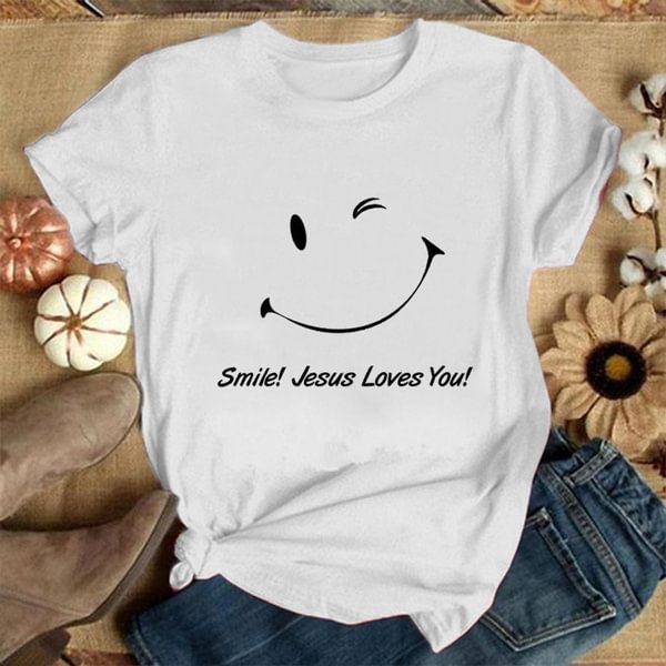 Smile! Jesus Loves You! T Shirt Women and Girls Jesus Christian God Religious Graphic Tee Casual Plus Size S-3XL - Shop Trendy Women's Clothing | LoverChic