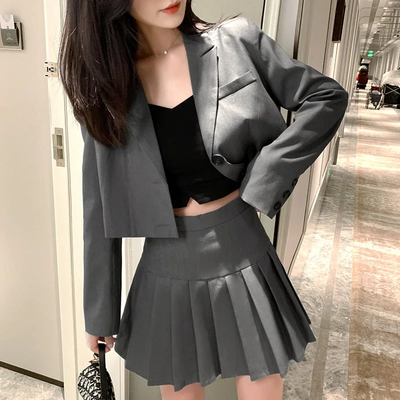UForever21 2023 Women's Jacket Long Sleeve Student Pleated Skirt Suit Female Silver Grey Blazer Lady Office Work Suit Blazers Short Dress