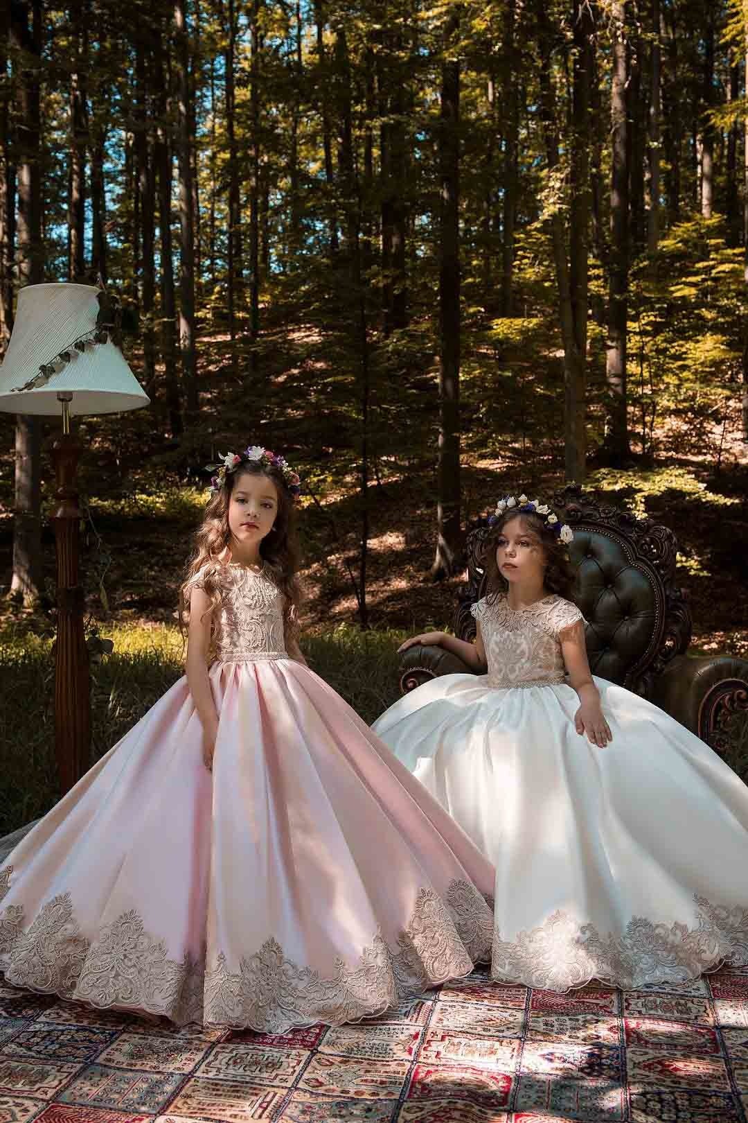 Bellasprom Light Pink Scoop Neck Short Sleeves Ball Gown Flower Girls Dress with Lace Buttons Bellasprom