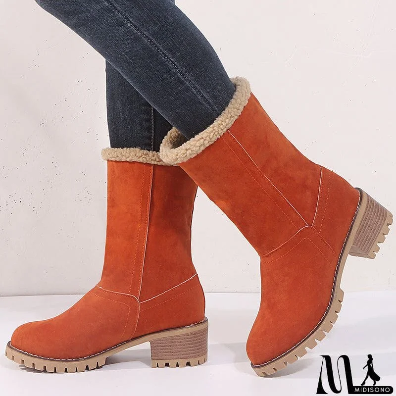 MidiSono - Warm Fur Lining Square Chunky Heel Suede Snow Boots for Women