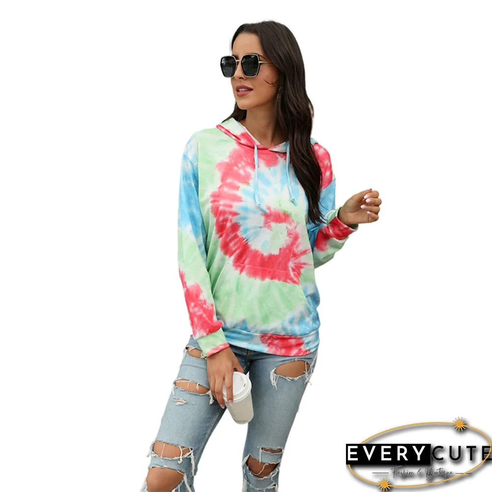 Red Tie Dye Print Long Sleeve Drawstring Hoodie